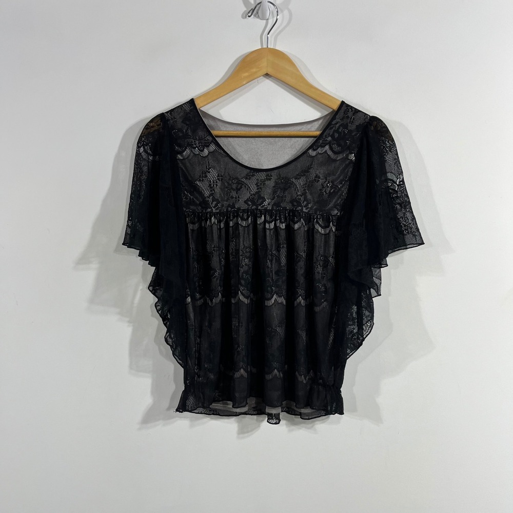 Womens Whimsigoth Fairy Grunge Black Floral Lace Butterfly Sleeve Size Medium